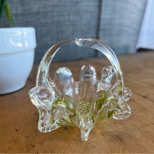 Vintage Art Glass Bomboniere Miniature Whimsy Basket Olive Green and Clear